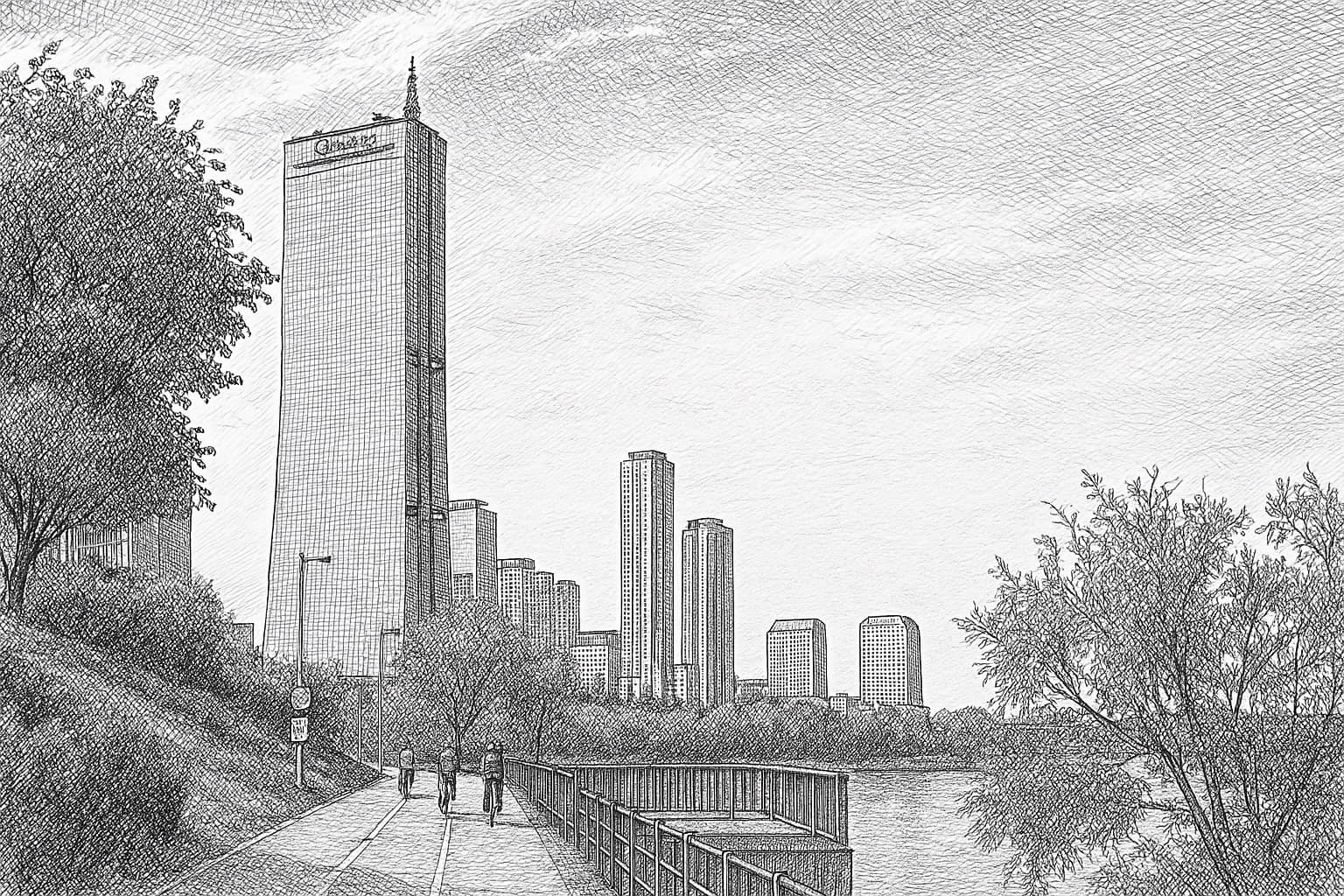 여의도 水 기운의 섬 위에 금빛 유리 외관(金)으로 솟은 랜드마크. 영등포구(己亥=水)의 기운과 한강이 감싸는 입지.