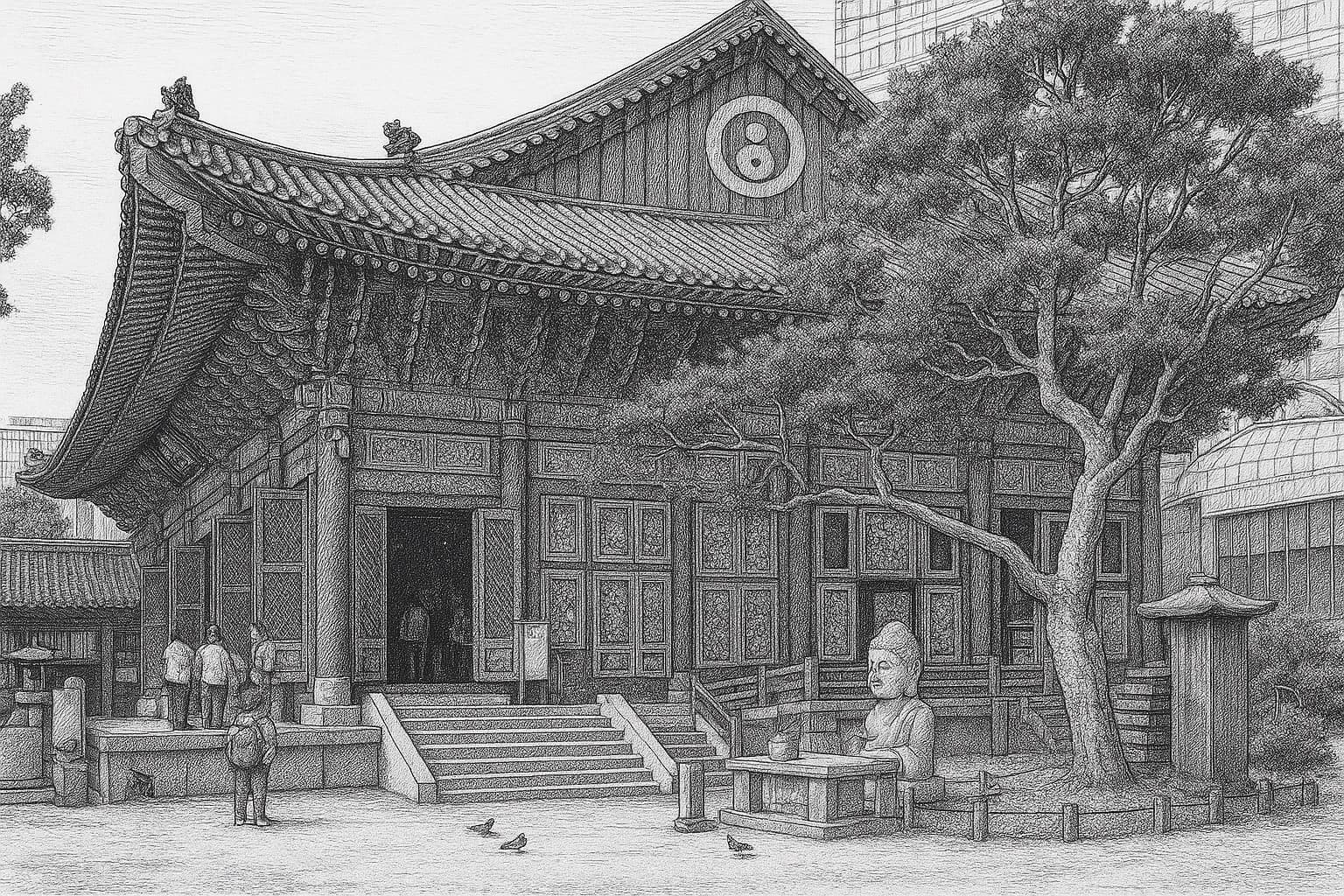 대한불교조계종 총본산. 1910년 각황사로 창건, 1938년 현 자리로 옮긴 평지 도심 가람. **학파에 따라 정반대 평가** — 무맥지 vs 
