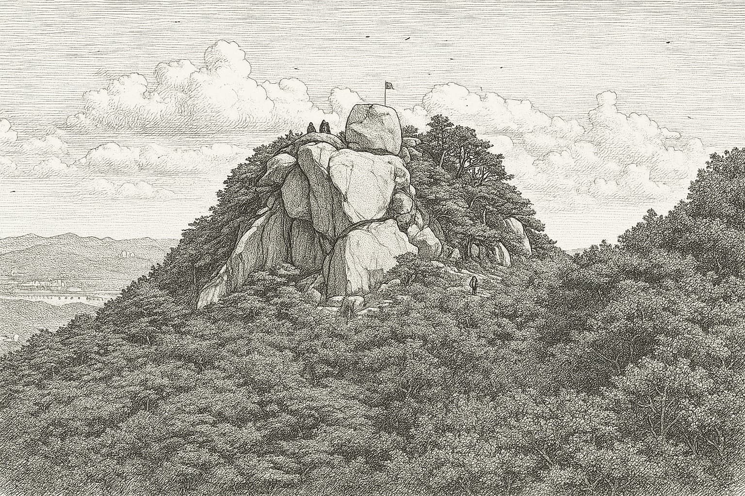 한북정맥의 화강암 골산. "엄마가 자식을 품는 듯" 학림사(鶴林寺) 학이 알을 품은 형국과 내원암(왕실 출산 기도 명당)이 자리한 산.