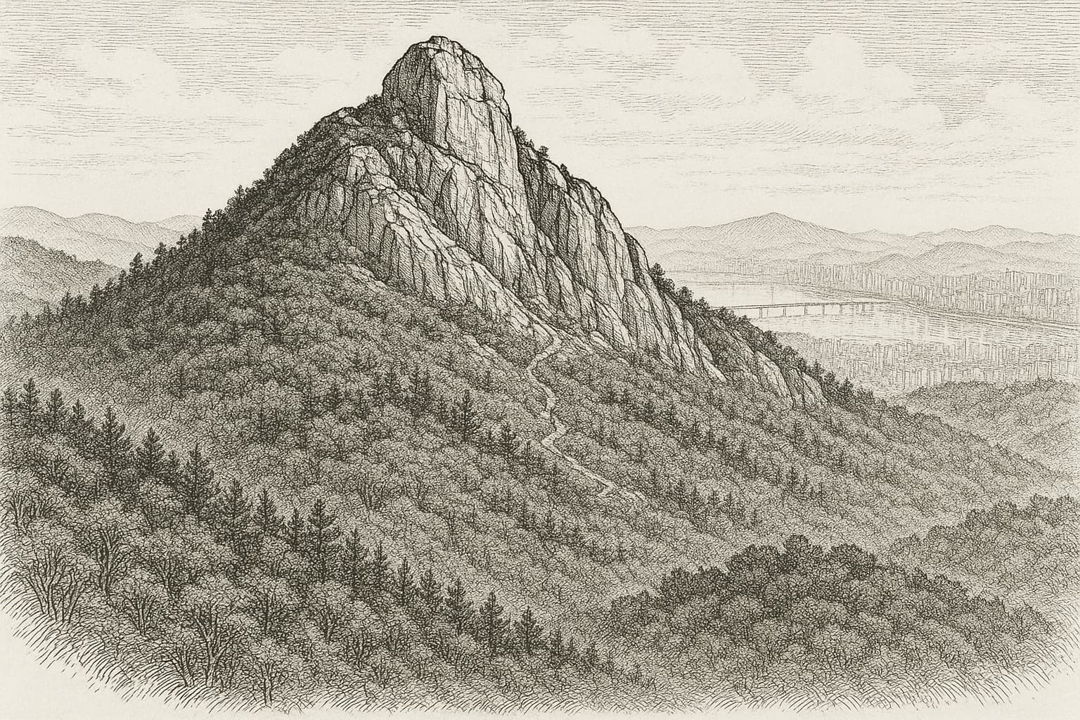 서울 외사산(外四山) 동쪽의 외청룡(外靑龍). 아차산 연봉의 최고봉으로 망우동·신내동 일대에 재물 기운이 응집된다는 평가.