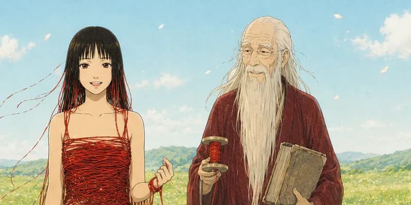 붉은 실을 두른 여자와 실타래를 든 월하노인